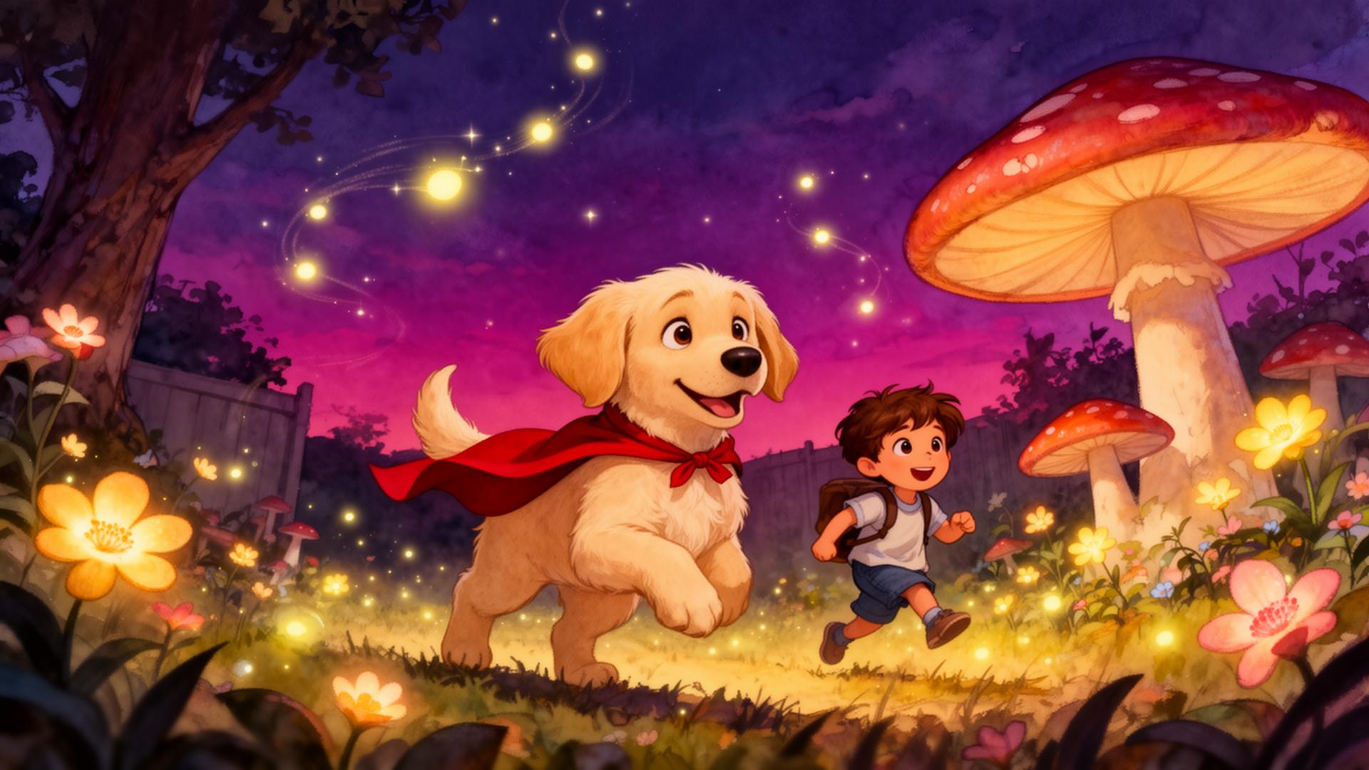 A heroic golden retriever in a cape leading a child through a magical dusk backyard