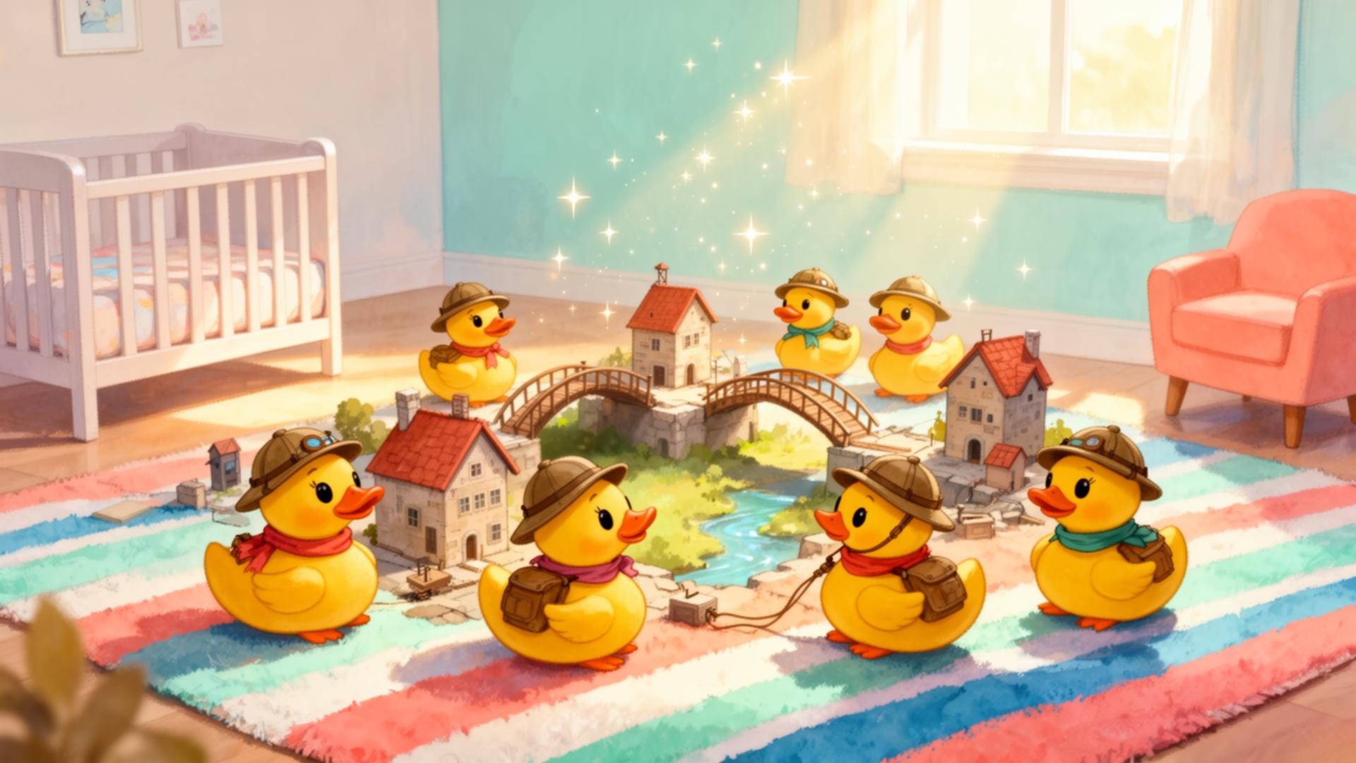 A playful tiny city of duck adventurers in a sunlit nursery