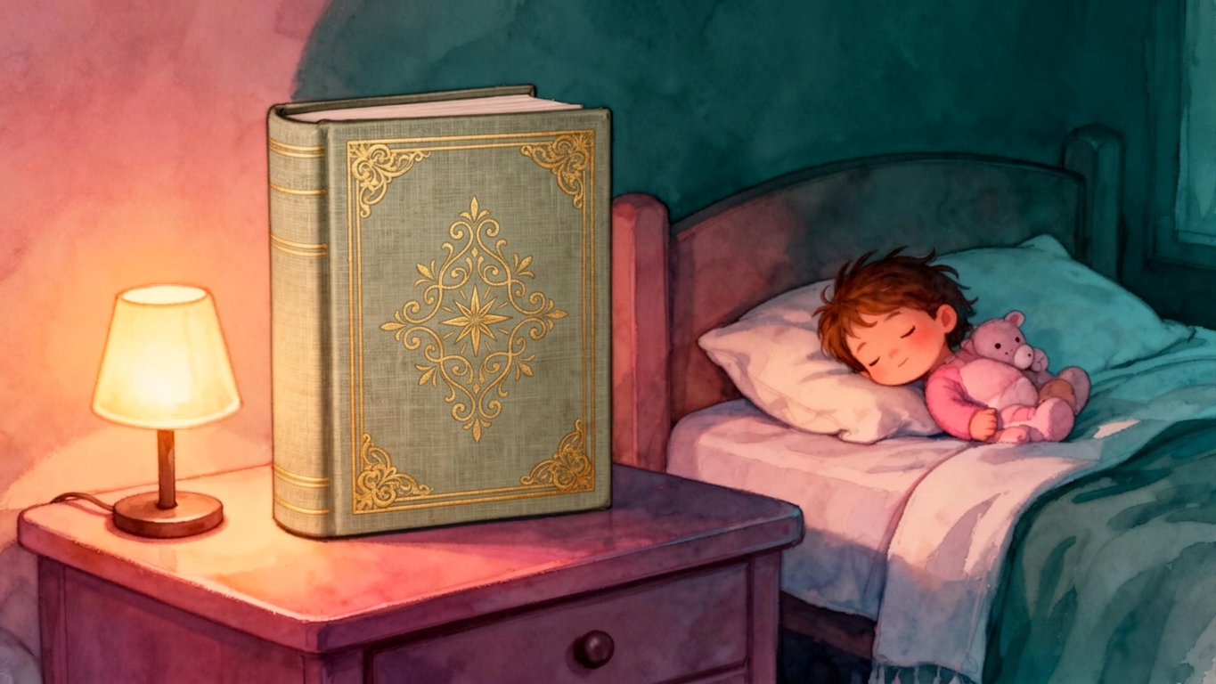 A linen-bound Mimsy storybook glowing on a child's bedside table