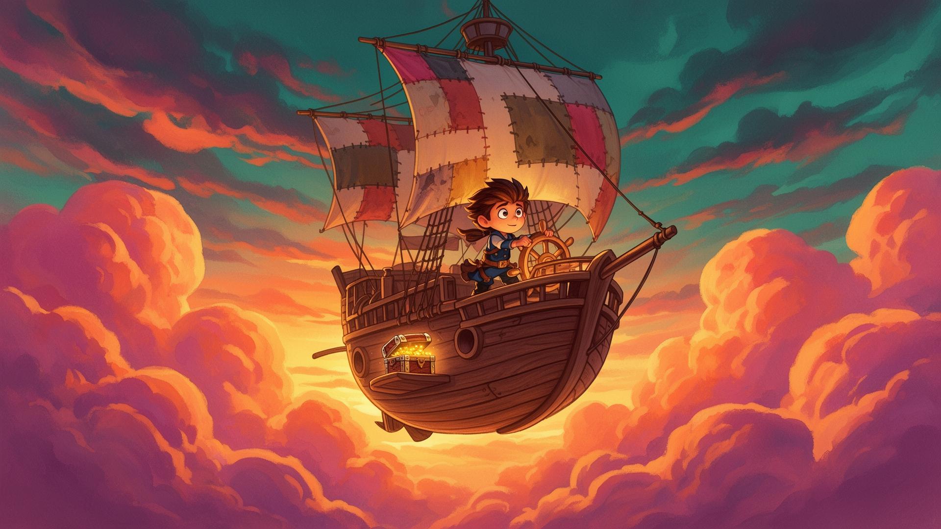 A child captain steering a wooden airship through sunset clouds
