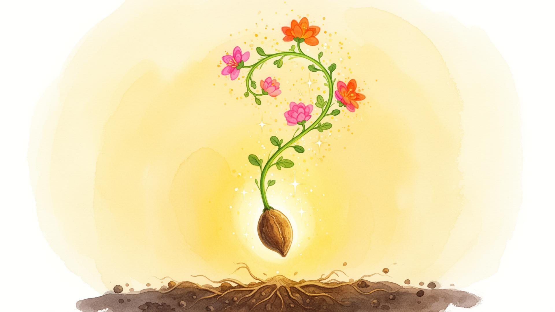 A glowing seed sprouting a vine of bright blossoms
